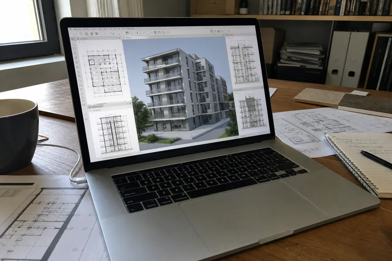 MacBook Pro posizionato su un progetto architettonico con vista Archicad di un modello BIM di un edificio
