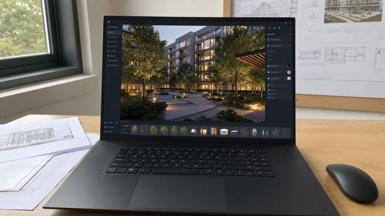 Laptop Windows con anteprima D5 Render su file residenziale con alberi in rendering in tempo reale