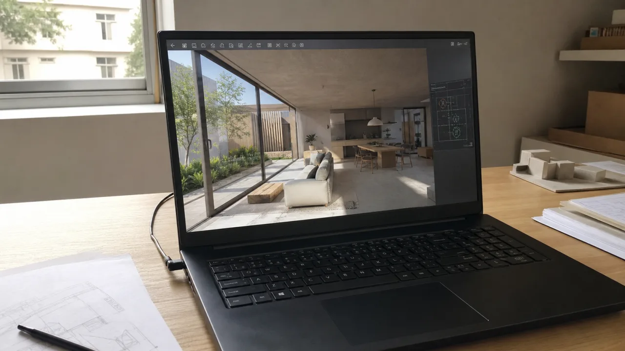 Laptop Windows con anteprima Enscape sul rendering in tempo reale di un'interfaccia visualizzata su un pannello desktop
