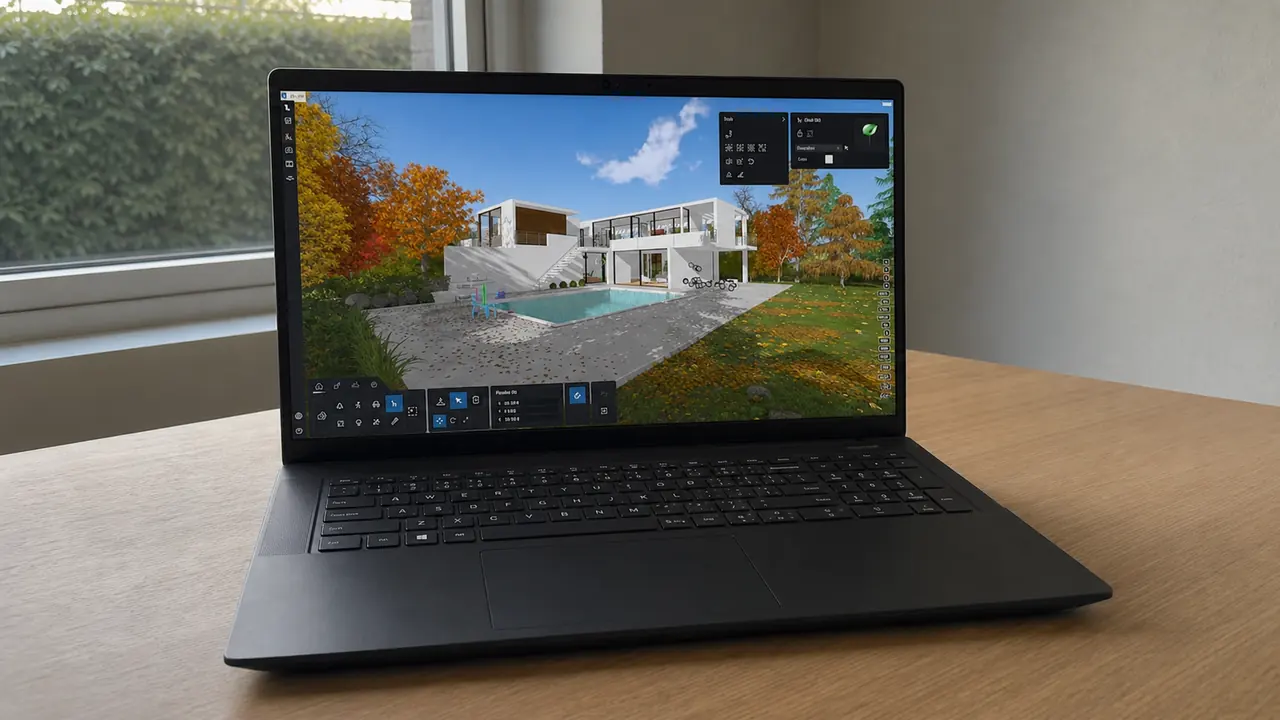 Laptop Windows con Lumion aperto su rendering di una casa con giardino
