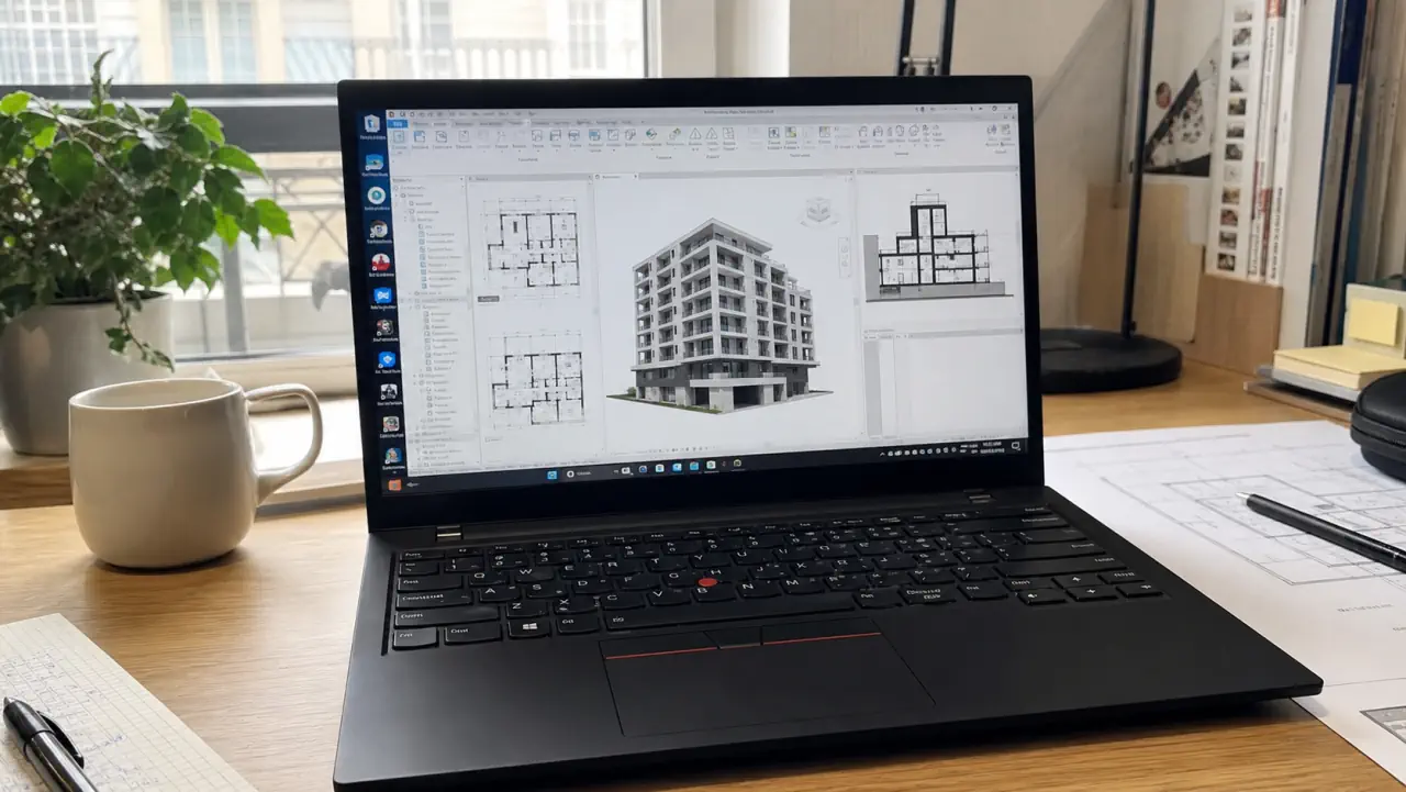 Laptop Windows con Revit aperto su un modello BIM di edificio
