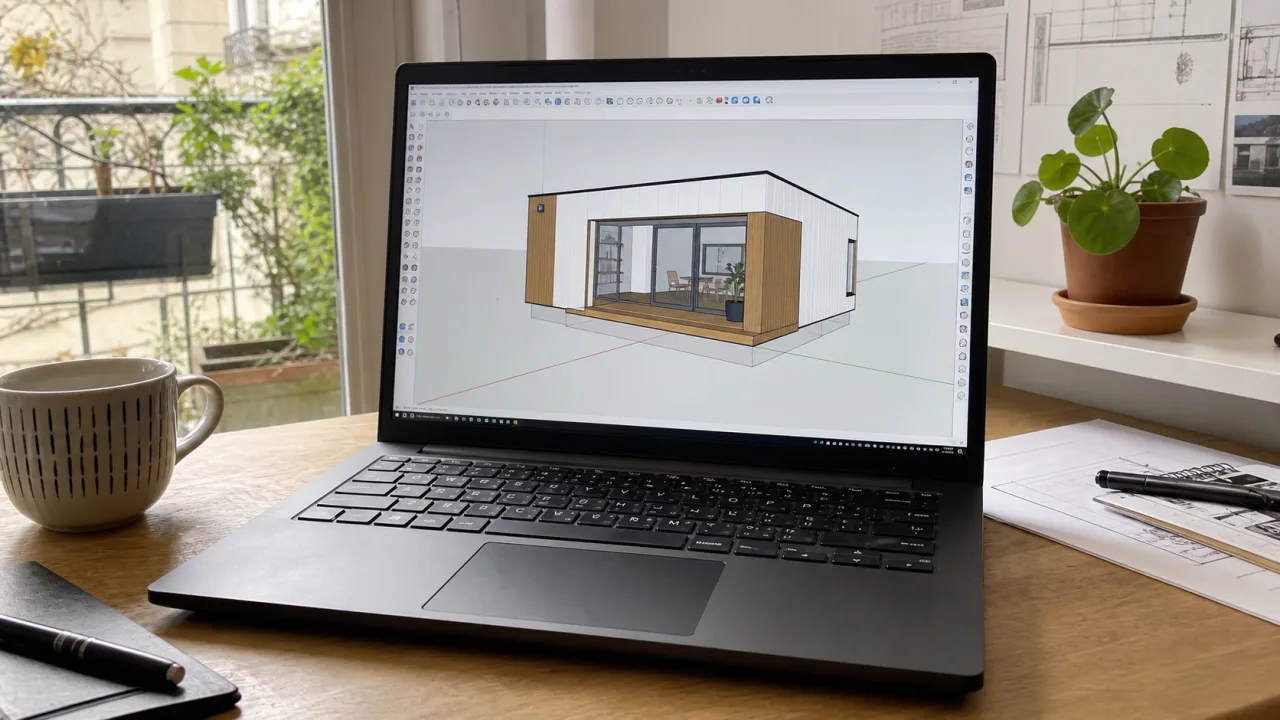 Laptop su uno schermo con un modello di casa 3D mostrato in SketchUp